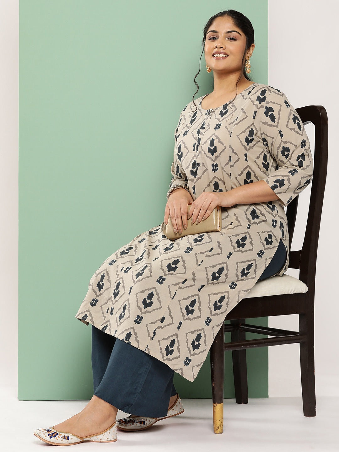 Women's Beige Cotton Plus Size Ethnic Motifs Printed Regular Cotton Kurta With Palazzos by Yufta, suitable for wholesale buyers, boutiques, retailers, resellers and bulk fashion orders from Trendphoria