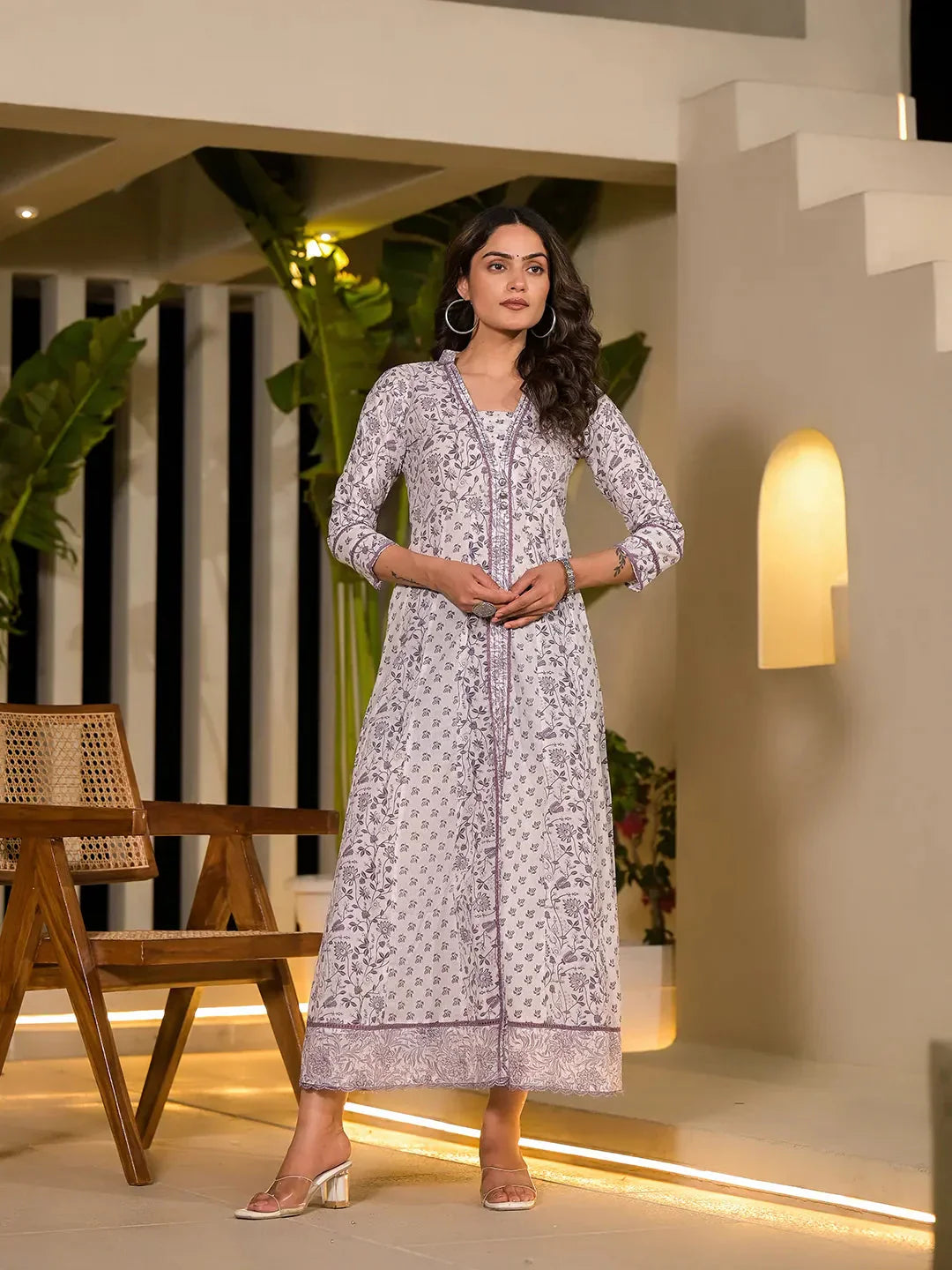 Women's Purple Cotton Purple Floral Print Kantha Work A Line Dress by Yufta, suitable for wholesale buyers, boutiques, retailers, resellers and bulk fashion orders from Trendphoria