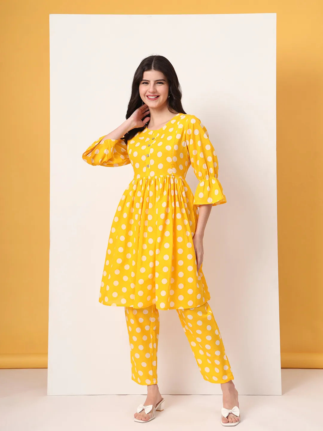 Women's Yellow Cotton Yellow Cotton Maternity Gathered Or Pleated Kurta Pants Set by Yufta, suitable for wholesale buyers, boutiques, retailers, resellers and bulk fashion orders from Trendphoria